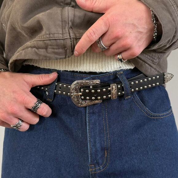 2000s Western Black Silver Studded Belt – Vintage Style, Unisex, Brand New - Picture 6 of 8